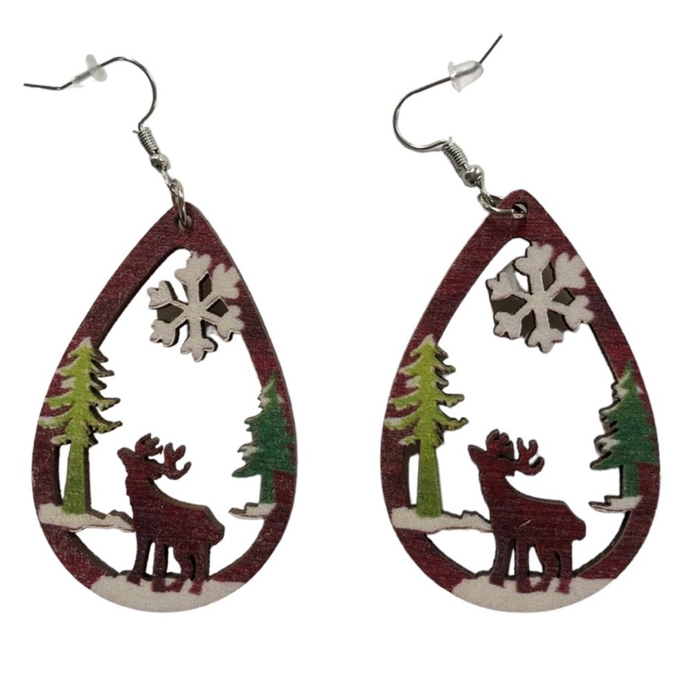 UNBRANDED Wooden Teardrop SCENIC Winter Earrings With ELK Tree And Snowflake
